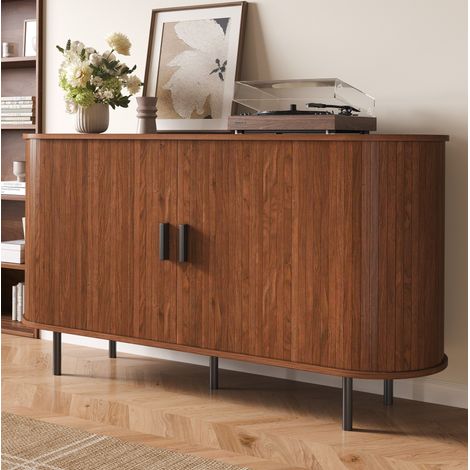 Buffet 140x40x75 cm en MDF et panneaux de bois, noyer, avec rangement pour salle à manger FloraGrace (1/5)