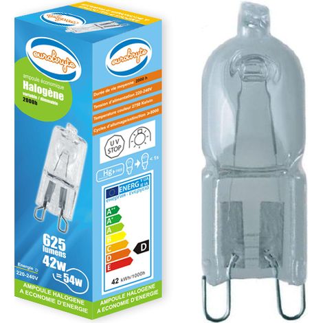 Lampesecoenergie – Ampoule halogène G9 54W (42W) 220-240V – Lumière blanche chaude 2700K – Compatible variateurs – Durée de vie 2000h (1/4)
