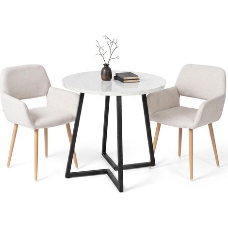FurnitureR Essgruppe Ø80cm MDF Tisch Marmoroptik mit 2 Stoff Armlehnstühlen Runder MDF-Tisch in Marmoroptik mit zwei gepolsterten Stoff-Armlehnstühlen und Holzoptik-Beinen für modernes Wohnen (1/5)