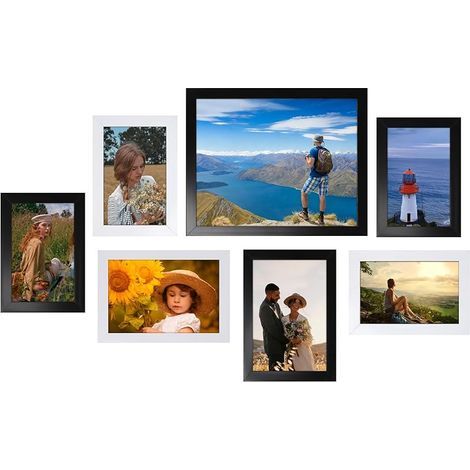 7 Pièces Cadre Photo 3 Tailles, Plusieurs Méthodes de Placement, Décoration Murale Plexiglas Cadre pour Puzzle pour Photos, Affiches, Puzzles (Noir Blanc) (1/5)