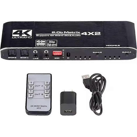 Matrice de commutation/distribution 4x2 compatible HDMI EDID 4K@60Hz avec fonctions de contrôle, 4 entrées et 2 sorties, double séparateur/extracteur audio.