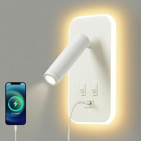 Aplique de pared LED, lámpara de lectura de mesita de noche con interruptor, puerto de carga USB, iluminación ambiental ajustable para el dormitorio, luz blanca cálida. (1/5)
