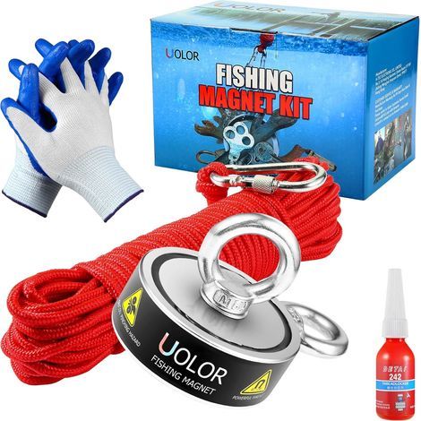 Aimant de Pêche Double Faces Super Puissant, Combiné 300Kg Extrêmement Traction Kit de Pêche Aimant Néodyme avec 20M Corde, Mousqueton, Gants, Freinfilet pour Pêche À L'aimant (1/5)