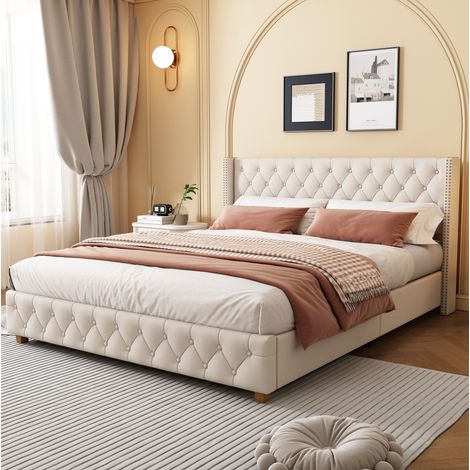 Bett Doppelbett Bettgestell 160x200 Leinen Beige OKMYHOME (1/5)