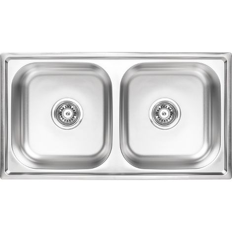 Fregadero de cocina empotrado de acero, 2 cubetas, 78 x 43 cm (1/2)