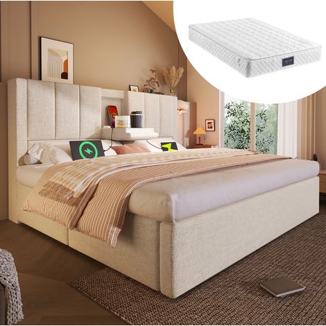 Letto contenitore in lino beige 140x200 cm con materasso, rete a doghe, testiera con porta USB/USB-C per la ricarica e portabicchieri. (1/5)