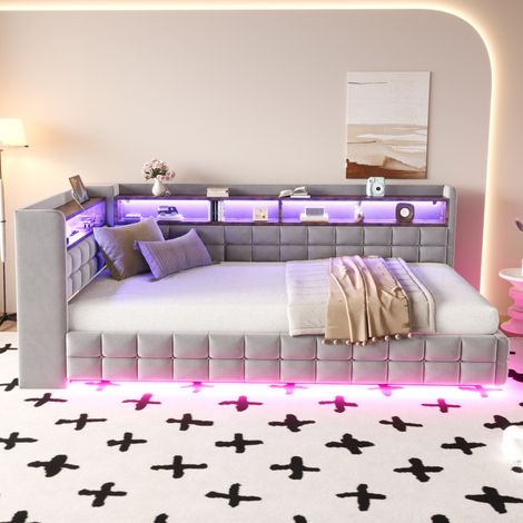 Lit/canapé-lit multifonctionnel rembourré 90 × 200 cm, avec rangement hydraulique, étagère en bois, bande lumineuse LED, prise électrique, ports de chargement USB et Type-C, sommier à lattes, revêteme (1/5)