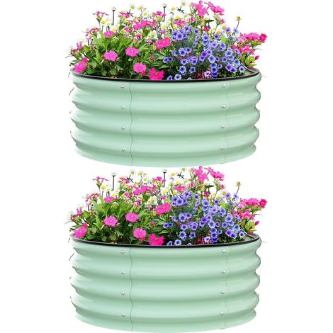 2-teiliges verzinktes Hochbeet-Set, 30 cm hoch, Aluzink Metall, 60cm, runde Pflanzkästen für Gemüse, Blumen und Kräuter, für den Außenbereich, Olivgrün (1/5)