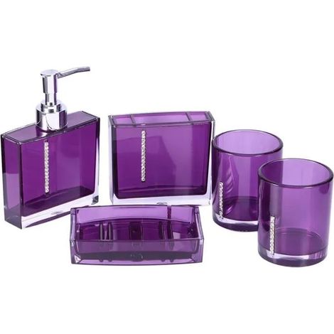 set de 5pcs Accessoires Salle de bain flacon bouteille porte-Savon Brosse à Dents toilette Maison en résine violet (1/4)