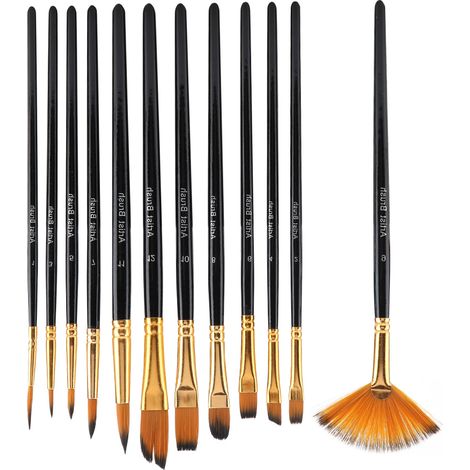 Ensemble de 12 Brosses à Peinture Artistique en Nylon avec Manche en Bois pour Aquarelle, Décoration et Loisirs Créatifs (1/5)