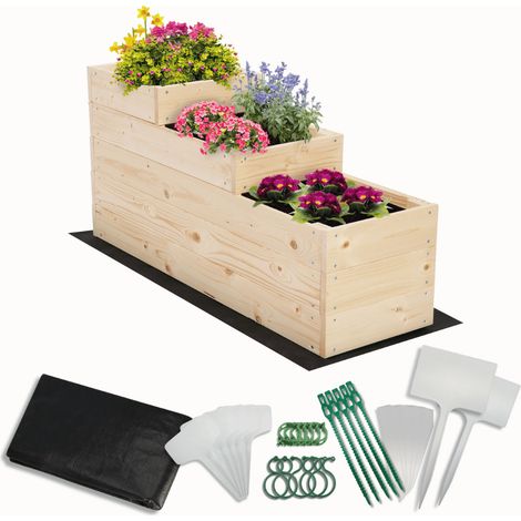 MODO24 Carré potager surélevé en bois, 3 niveaux en cascade, 45x30x93 cm, jardin/terrasse, kit jardinier inclus, naturel