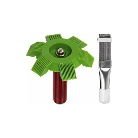 Lot de 2 brosses de nettoyage pour ailettes de condenseur (climatisation) : 1 peigne à ailettes vert et 1 peigne à ailettes en acier inoxydable. (1/5)