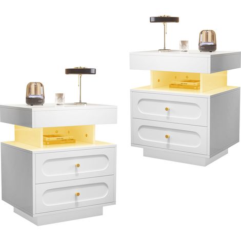 Set von 2 Nachttischen 50x40x60 cm, moderne Beistelltisch mit LED Beleuchtung, 2 Schubladen und 1 offenen Stauraum - Weiß