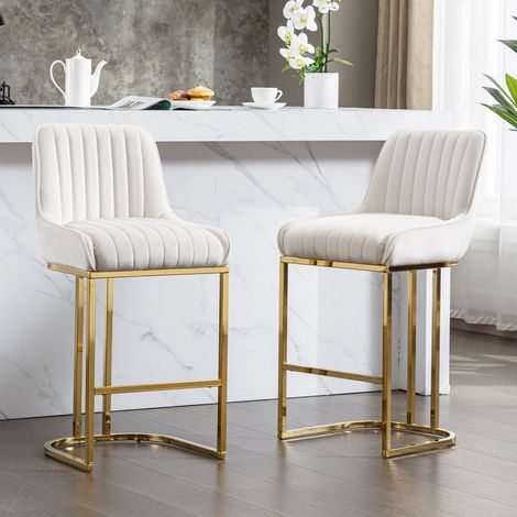 Wahson Tabouret de bar en velours blanc – Lot de 2 – Coussin épais – Pieds en métal doré – Hauteur d'assise 67cm – Design contemporain, Blanc