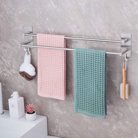 1 - Porte-Serviettes - Acier Inoxydable - Double Barre Avec Crochets - Fixation Adhésive Sans Perçage Pour Salle De Bain Et Cuisine - Argent - 60cm (1/5)