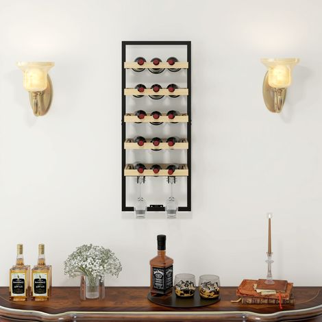 Porte-bouteilles en bois et acier mural 86x35x25 cm, rangement pour 15 bouteilles de vin et 4 verres (1/5)