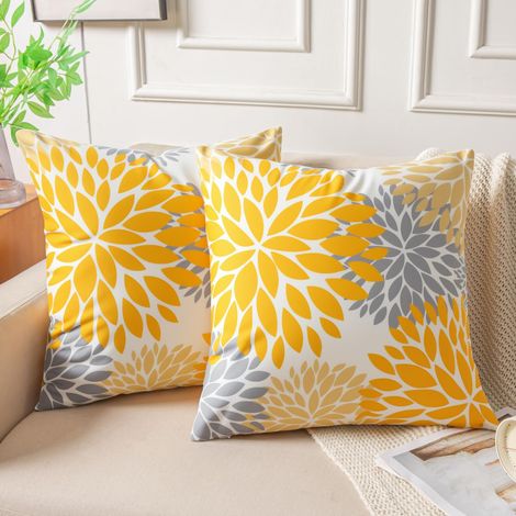Lot de 2 Housse Coussin Bleu 45x45 Jaune Housses de Coussin Velours Canapé Décoratif Moderne Dahlia Motif Taie d'oreiller Carré (1/5)