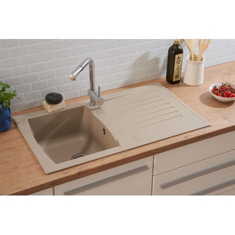 Respekta – Évier de cuisine à encastrer 1 bac Mineralite beige sable – Dimensions 86 x 50 cm – Résistance aux chocs et aux UV – Pour meuble bas de 45 cm