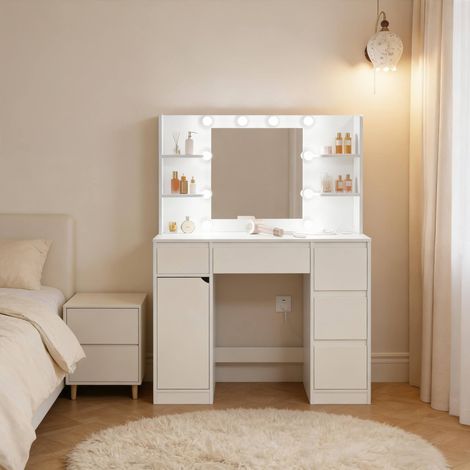 Tavolo da trucco con specchio, luce, presa e USB, 110 x 140 x 40 cm, bianco HAVRYA (1/5)