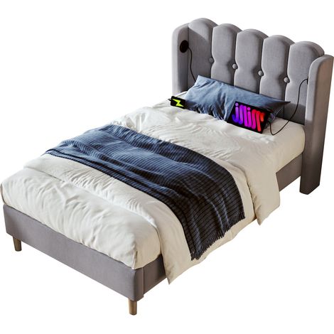 Lit rembourré en lin gris 90x200 cm avec sommier à lattes et ports USB + Type-C, tête de lit panneau (1/5)