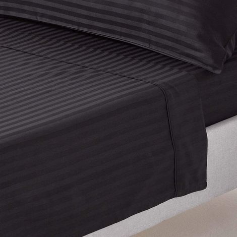 HOMESCAPES Drap plat rayé satin de coton égyptien 330 fils coloris noir 180 x 290 cm (1/5)
