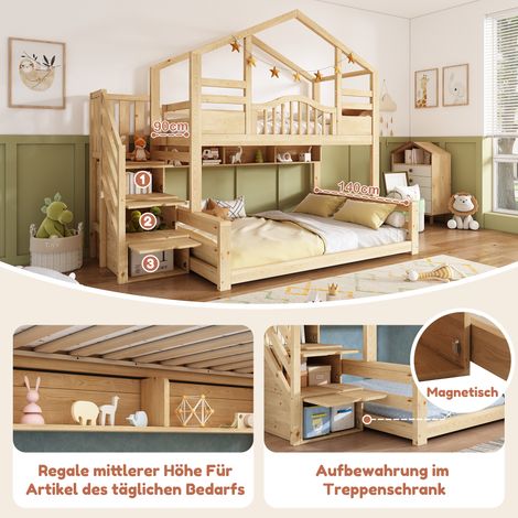 Lit mezzanine cabane en bois naturel pour enfant, 90x200 cm (haut) et 140x200 cm (bas), avec échelle-penderie, étagères et barrière de sécurité, parfait pour chambre familiale, ado et parent, sans mat (1/5)