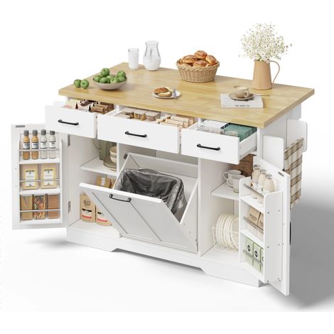 Îlot de cuisine mobile avec plan de travail rabattable,Chariot de cuisine Avec Porte-épices,tiroir à poubelle,étagères,120×45(70)×87 cm,Blanc