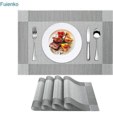 Sets deTable PVC Napperon Anti-Dérapant Tissé Vinyle Argent et Noir 30 x 45 cm 6pcs (1/4)