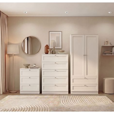 Altino 3 Piece Bedroom Set with 3 Drawer Bedside, 5 Drawer Chest, 2 Door 2 Drawer Wardrobe, White