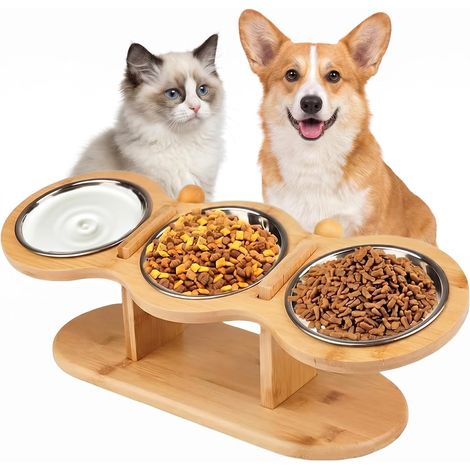 Ciotola per Gatti Rialzata Ciotola per Gatti con 3 Ciotole in Acciaio Inox, Altezza Regolabile - Porta Acqua e Cibo Adatta per Gatti e Cani di Piccola Taglia (1/5)