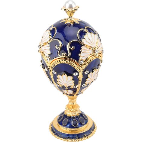 Boîte à bijoux en forme d'œuf de Pâques, peinte à la main, ornée de strass décoratifs, en alliage émaillé avec charnière, pour bagues et colliers, bleu et blanc. (1/5)