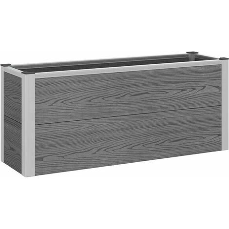 Jardinière surélevée grise, mesurant 100 x 30 x 22 cm, en composite bois-plastique et aluminium. (1/5)