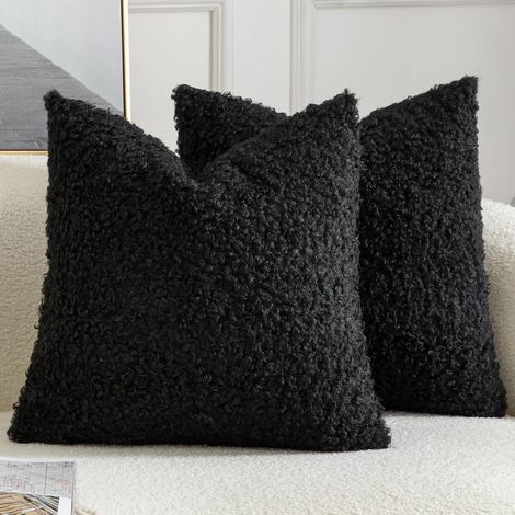 Juego de 2 fundas de almohada decorativas de piel sintética Sherpa, suaves y esponjosas, de piel de oveja para sofá, cama y sala de estar, 45,7 x 45,7 cm, color negro (1/4)