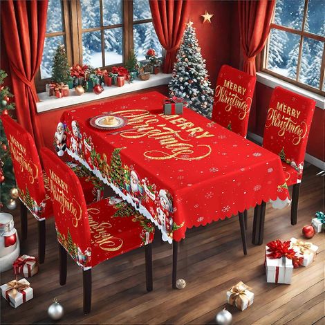 Ensemble nappe/housse de chaise imprimé Noël TC-349 (nappe imperméable 140210cm + 4 housses de chaise) (1/3)