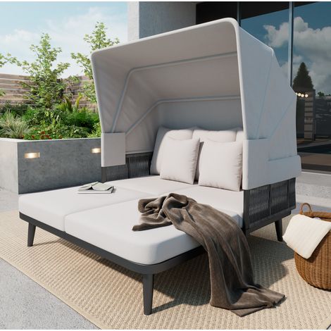 Sillón jardín doble con toldo y cojines grises OKMYHOME (1/5)