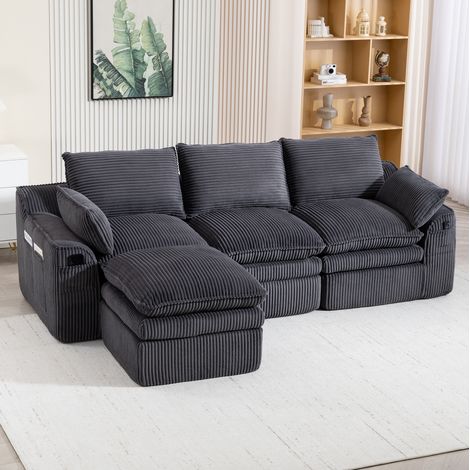 Sofá modular de 3 plazas en pana con puff, 263 x 167 x 85 cm, gris oscuro DESVIAE (1/5)