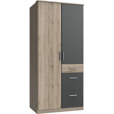 Armoire Placard, meuble de rangement Imitation chêne San Remo, rechampis graphite - Longueur 91 x Hauteur 199 x Profondeur 58 cm -PEGANE- (1/2)