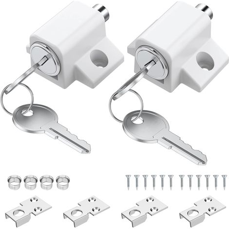 Verrou de porte coulissante, lot de 2, blanc, pour fenêtres et portes-fenêtres coulissantes, avec clé, deux modes de fixation, verrou de fenêtre en métal (1/3)