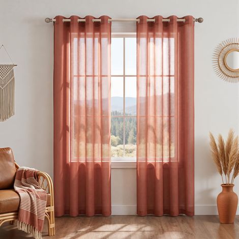 Lot de 2 Rideaux Transparents à œillets pour Salon, Chambre à Coucher, terrasse, Porte coulissante, Sol de 2,4 m de Long, décoration bohème, Couleur Terre Cuite, Rouille (1/5)