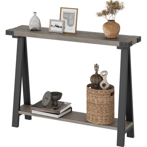 Table d’entrée étroite style fermière, 2 étagères, cadre en métal noir, pieds en V, 110 x 21 x 80 cm, gris (1/5)