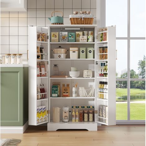 Buffet de cuisine MDF blanc 60 x 35 x 128 cm avec LED à capteur, étagères réglables et rangement double porte (1/5)