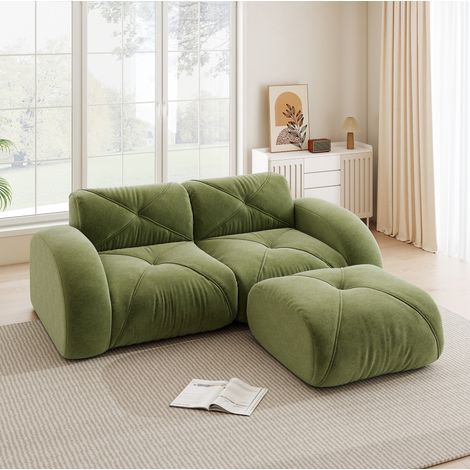Sofá modular de 2 plazas con puf de chenilla verde OKWISH (1/5)