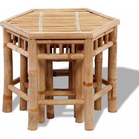 Lot de 3 tabourets de jardin en bambou empilables design hexagonal intérieur et extérieur (1/5)