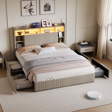Lit 140x200cm - Lit Double 140 avec 4 Tiroirs, Tête de Lit Étagère, LED RGB, Prises USB/Type-C, Sommier - Intelligent - Lin Beige (1/5)
