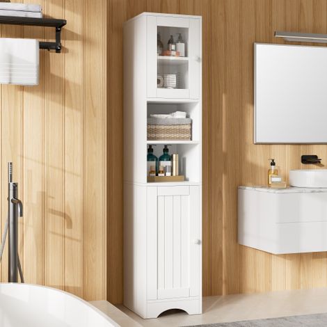Meuble Haut Blanc 160 cm, Armoire de Rangement Étroite avec Porte à Vitrage, Étagères Réglables, Étagères Ouvertes et Rangement Fermé, 35 x 30 x 160 cm, pour Salon, Cuisine et Entrée (1/5)