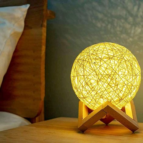 Veilleuse LED, Lampe de Chevet, Lampe d'Ambiance de Chambre en Rotin et Bois, USB Rechargeable (1/4)