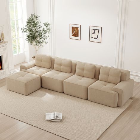 Canapé d'angle convertible 4 places, méridienne moelleuse en velours côtelé, assise profonde et confortable, sans cadre ni assemblage, antidérapant, teinte sable, idéal pour séjour moderne. (1/5)