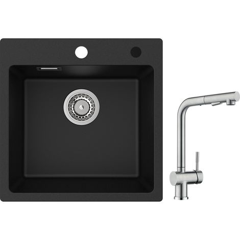 Cecipa Evier 1 Bac en Quartz et Résine 45x45cm Evier de Cuisine Evier à Encastrer 1 cuve + Robinet Cuisine avec Douchette Mitigeur d'évier Extractible Brossé (1/5)