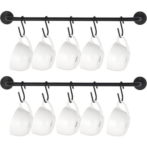 Lot de 2 porte tasses à café à fixation murale moderne en métal avec 10 crochets rustiques pour ustensiles de cuisine, salle à manger, café, noir (1/5)