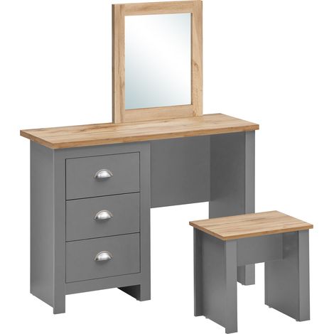 Modern Dressing Table Set With Stool & Mirror Grey Frame Oak Top 3 Drawers (1/5)
